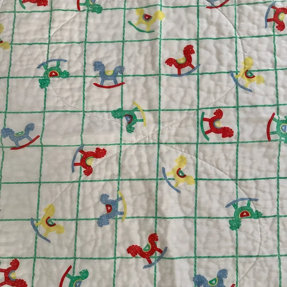 Vintage 80s Quilted White Green Grid Rainbow Rocking Horse Print Baby Blanket